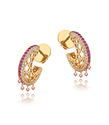 Pearl,Diamond and Pink sapphire hoops